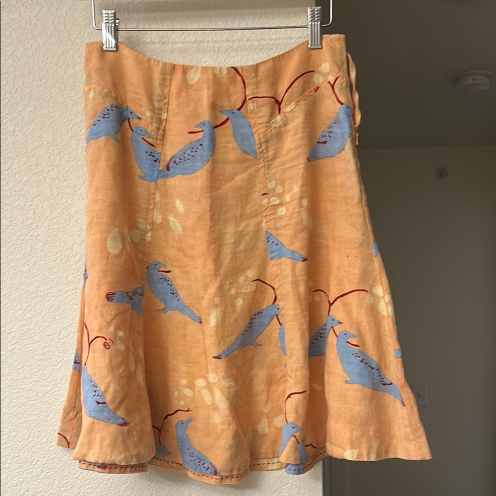 Anthropologie Meadow Rue A Line Linen Skirt, peach with blue birds - Picture 4 of 6